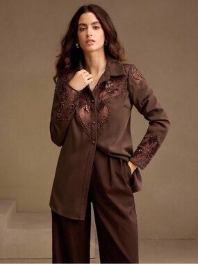 Anewsta Classic Brown Western Embellished Blouse - Women XL
